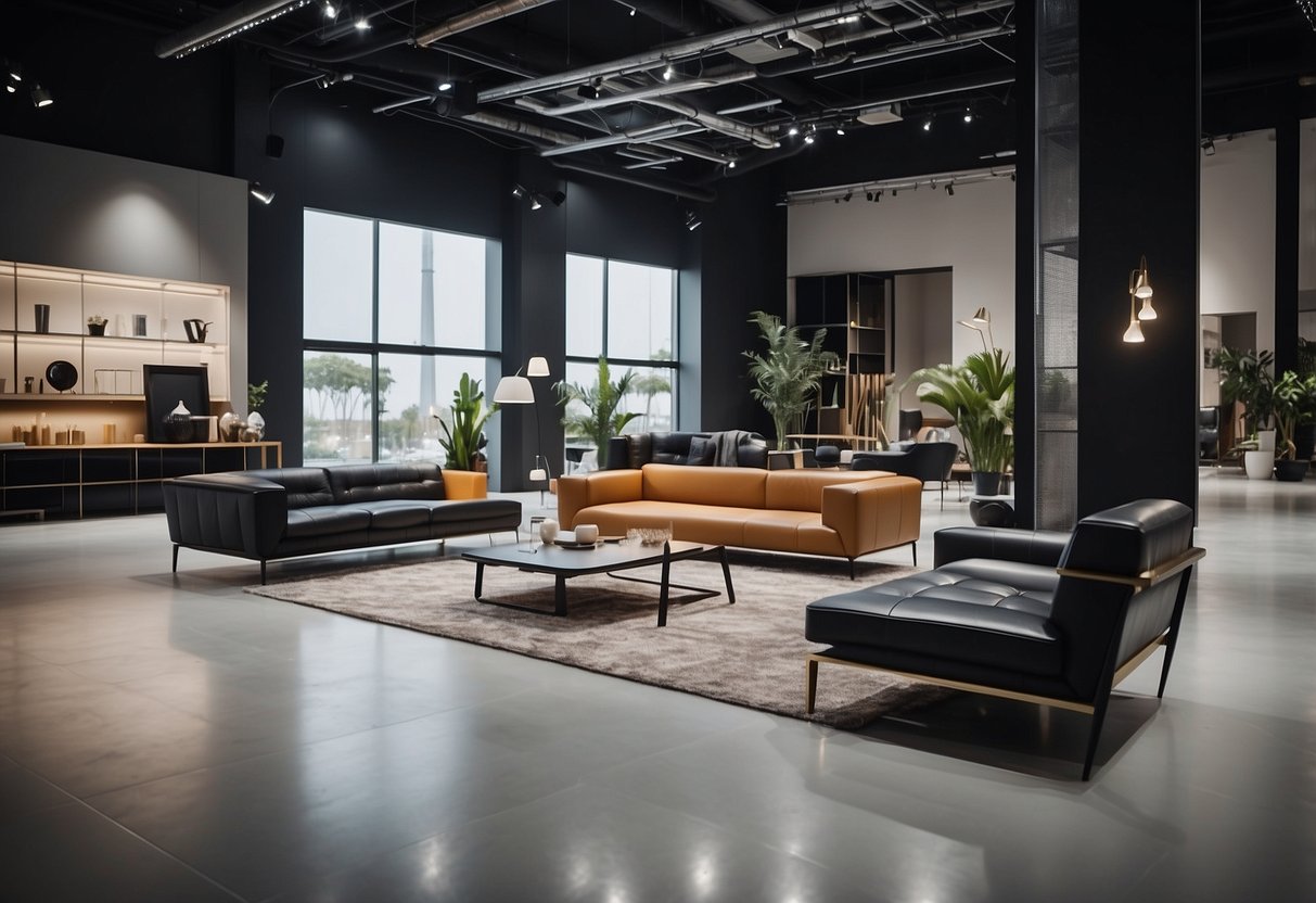 A modern furniture showroom with sleek designs and price tags displayed prominently