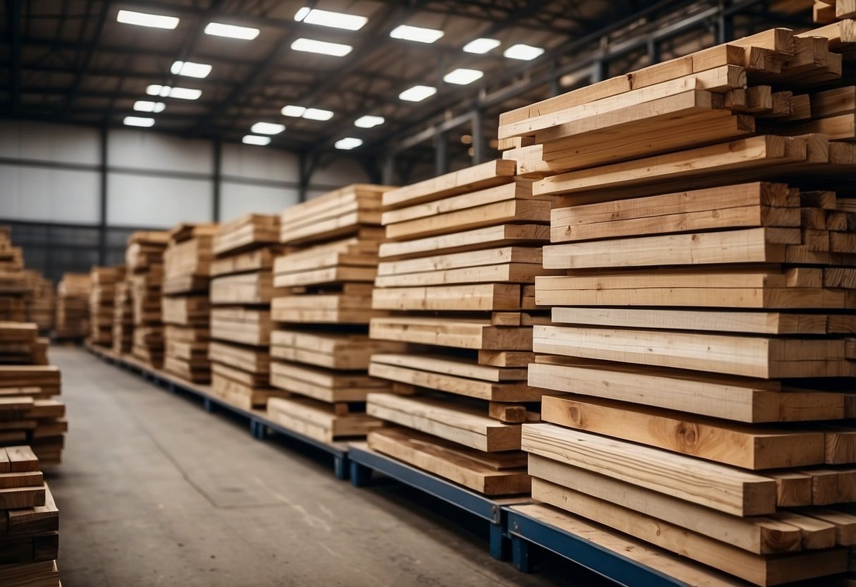 A lumberyard with stacks of various wood types, signage indicating prices and wood characteristics, customers browsing and employees assisting
