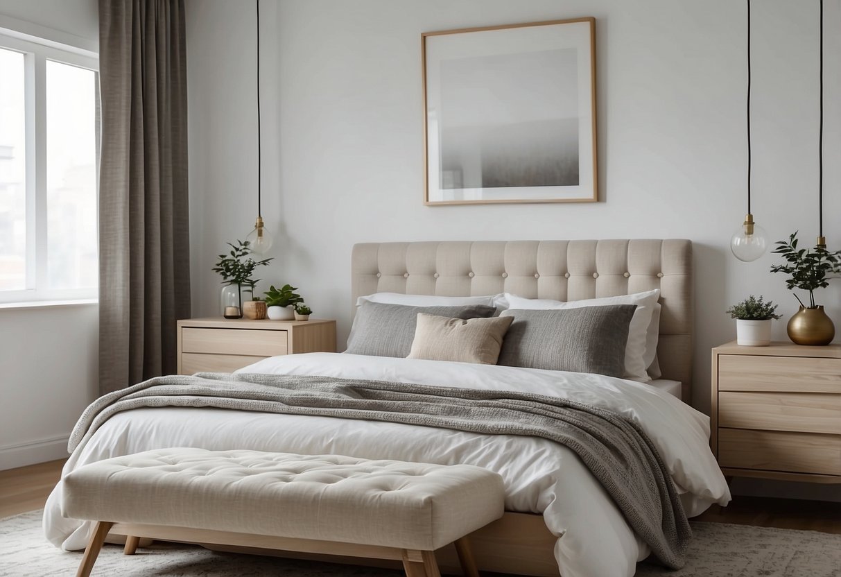 A white bedroom with a matching set of furniture, including a bed, dresser, and nightstand. The walls are painted a soft, neutral color, and the room is filled with natural light