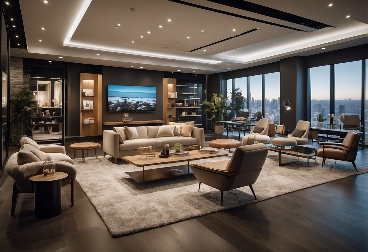 A spacious showroom displays XZQT furniture collections with modern designs and luxurious finishes