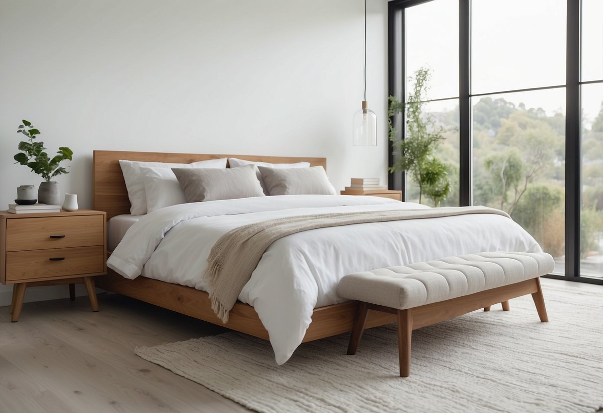 A bright white bedroom with a sleek, modern bed, matching nightstands, and a clean, minimalist dresser. The room is flooded with natural light, creating a serene and inviting atmosphere