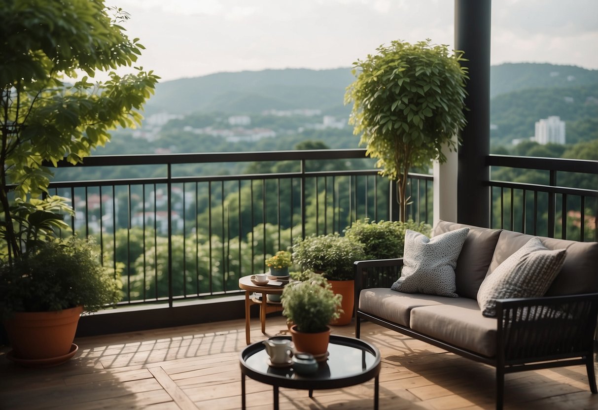 A cozy balcony with modern furniture, surrounded by lush greenery and overlooking a serene cityscape