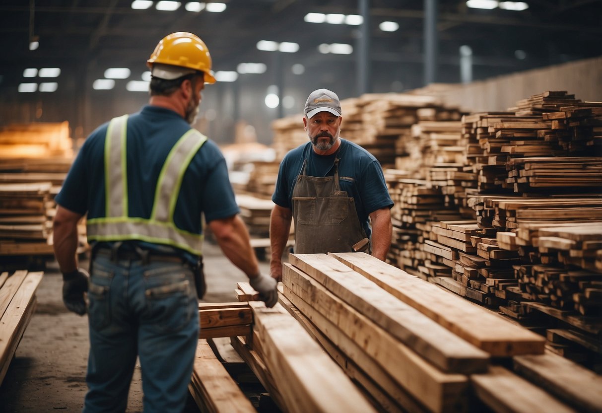 A lumberyard with stacks of various wood types, saws, and workers assisting customers