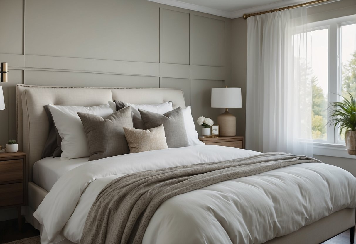 A serene bedroom with elegant white furniture, including a bed, dresser, and nightstand. Soft, natural light filters in through sheer curtains, creating a calming atmosphere