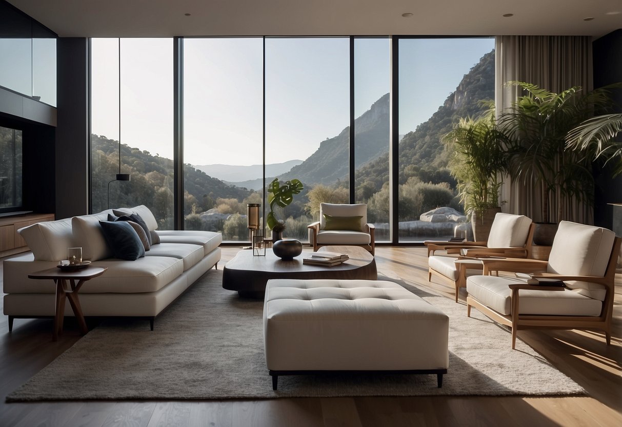 A modern living room with sleek XZQT furniture, featuring clean lines, luxurious materials, and a range of stylish pieces