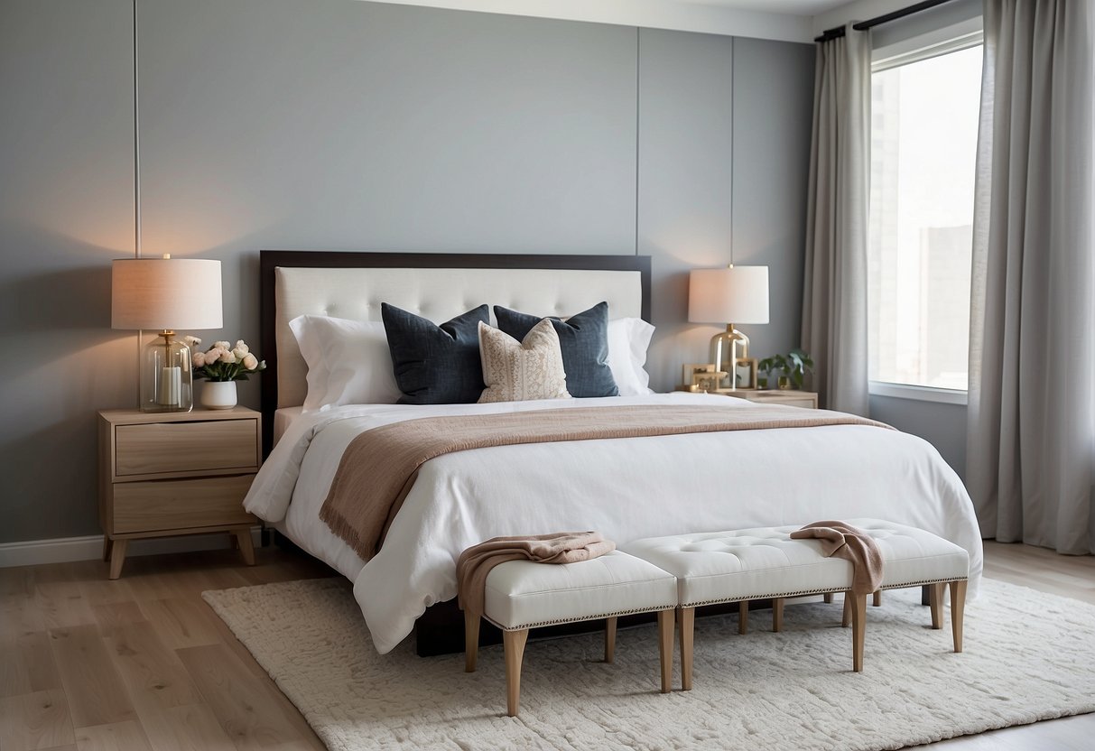 A bright, modern bedroom with white furniture and clean lines. A bed, nightstand, and dresser are neatly arranged, creating a serene and inviting atmosphere