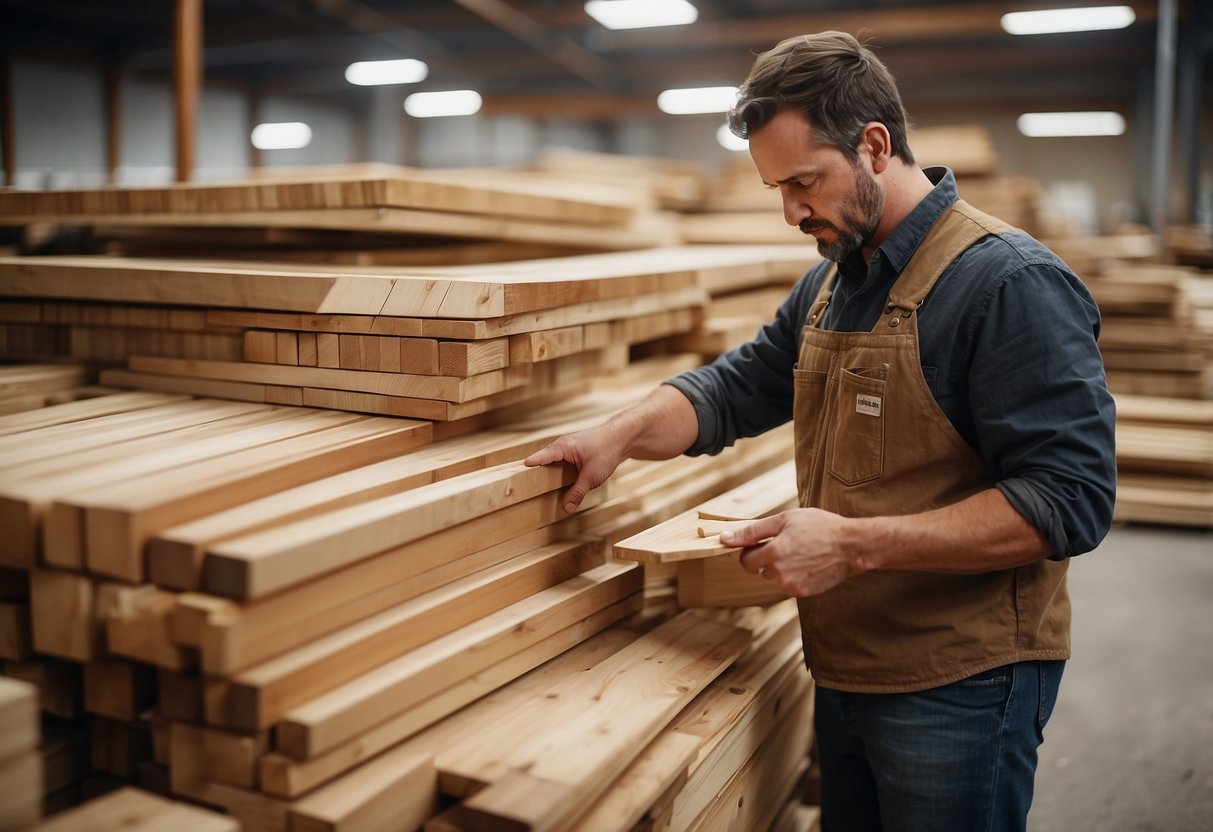 A customer browsing through various wood types at a lumberyard, with stacks of lumber neatly organized and labeled for furniture making