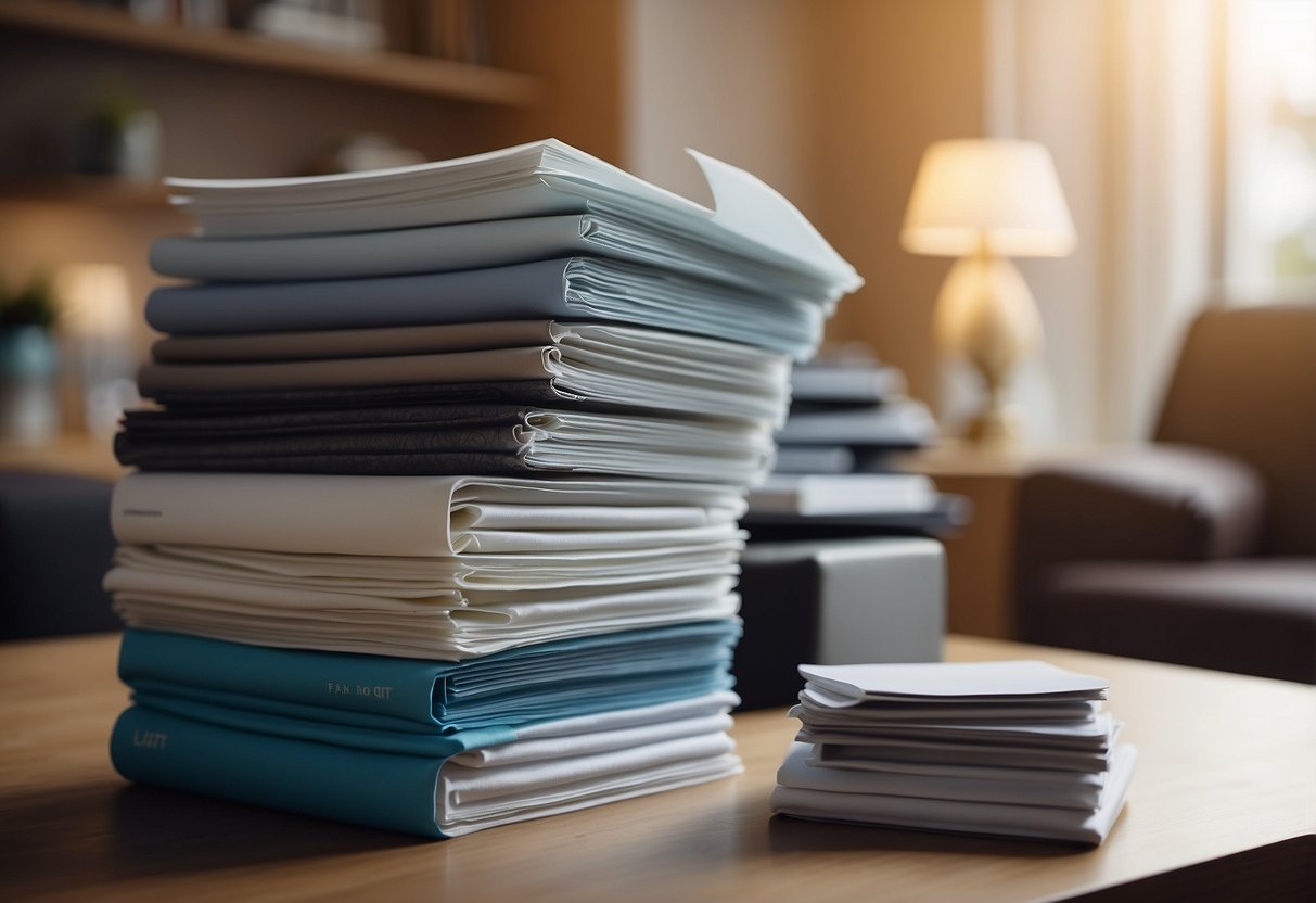 A stack of FAQ sheets next to a modern xzqt furniture piece with a visible price tag