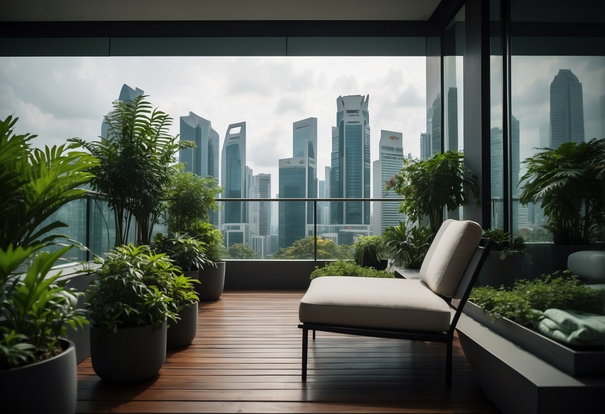 A modern balcony in Singapore with sleek, minimalist furniture and lush green plants, set against a backdrop of city skyline