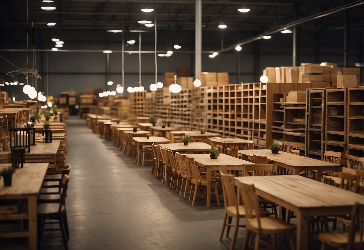 Rows of wooden tables and chairs fill a vast warehouse, surrounded by shelves of home decor and lighting fixtures