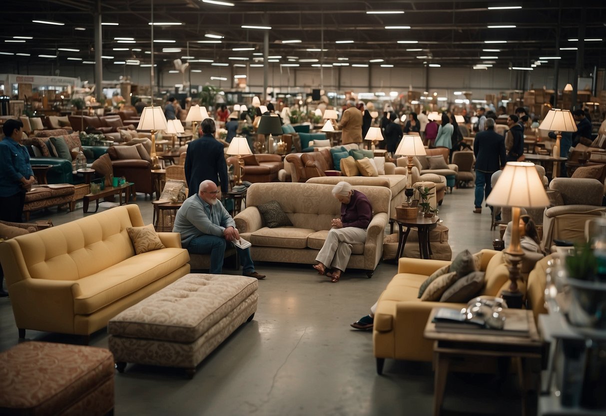 Customers browse rows of furniture in a bustling wholesale market. Vendors display sofas, tables, and chairs in various styles and colors