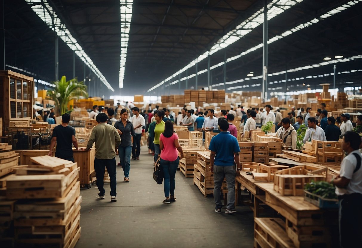A bustling furniture wholesale market with vendors displaying their products and customers browsing through the various styles and designs