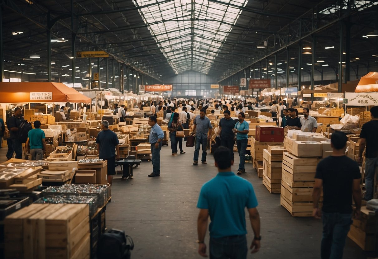 A bustling furniture wholesale market with vendors showcasing their products and customers browsing through the wide selection