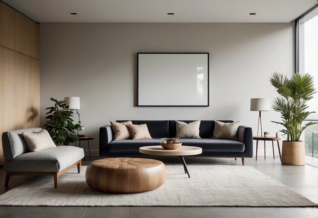 A modern living room with ziinlife furniture, featuring sleek lines, natural materials, and minimalist design