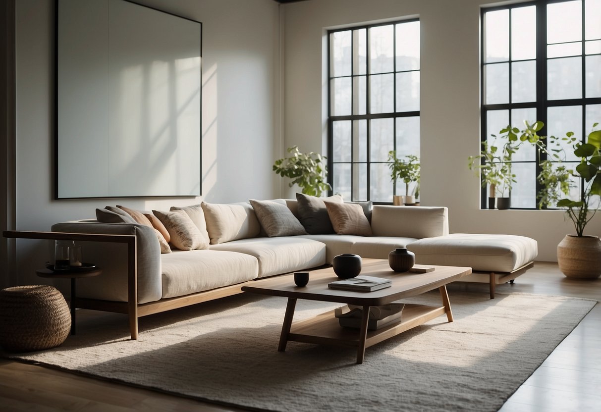 A modern living room with minimalist furniture, clean lines, and natural materials. Light floods in through large windows, illuminating the simple yet elegant designs of Ziinlife's furniture