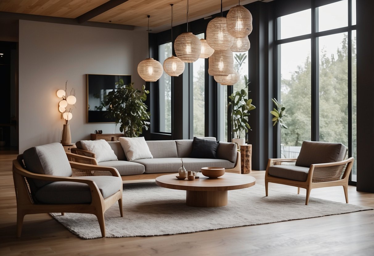 A modern living room with Ziinlife's furniture range: sleek wooden tables, minimalist chairs, and unique lighting fixtures