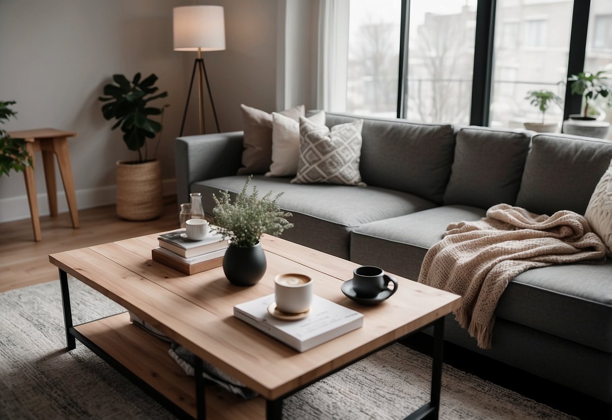 A cozy living room with a modern gray sofa, a sleek coffee table, and a stylish floor lamp from Forty Two Furniture