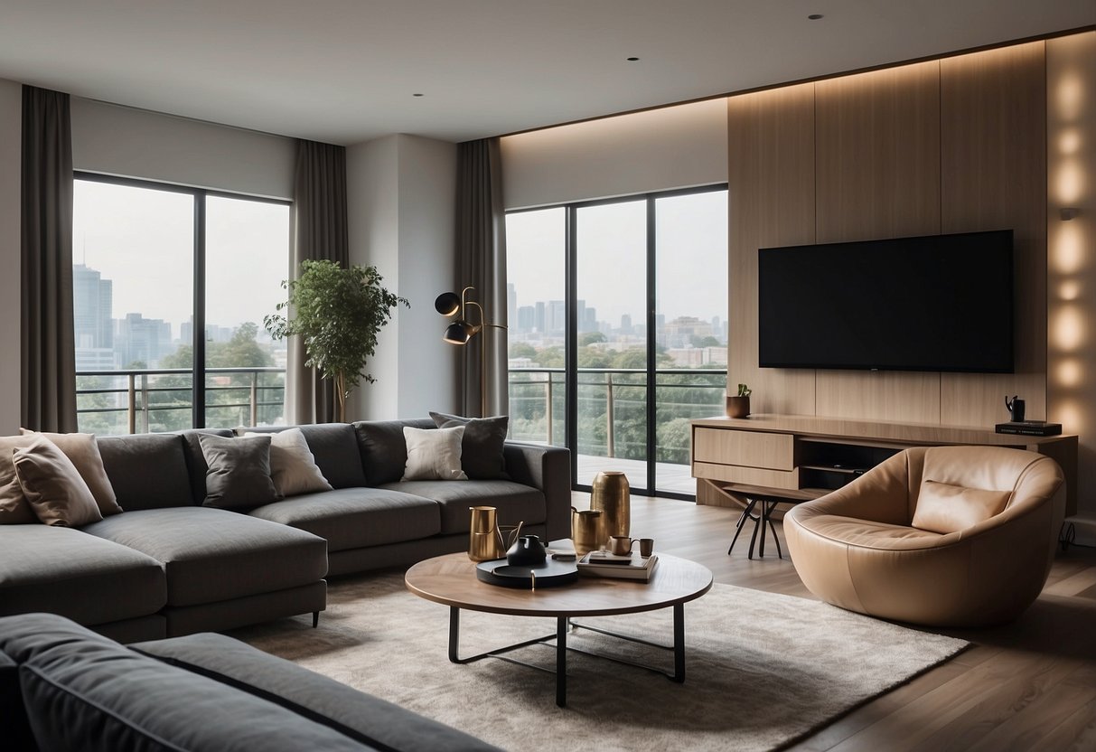 A modern living room with sleek electronics and appliances neatly arranged on stylish furniture