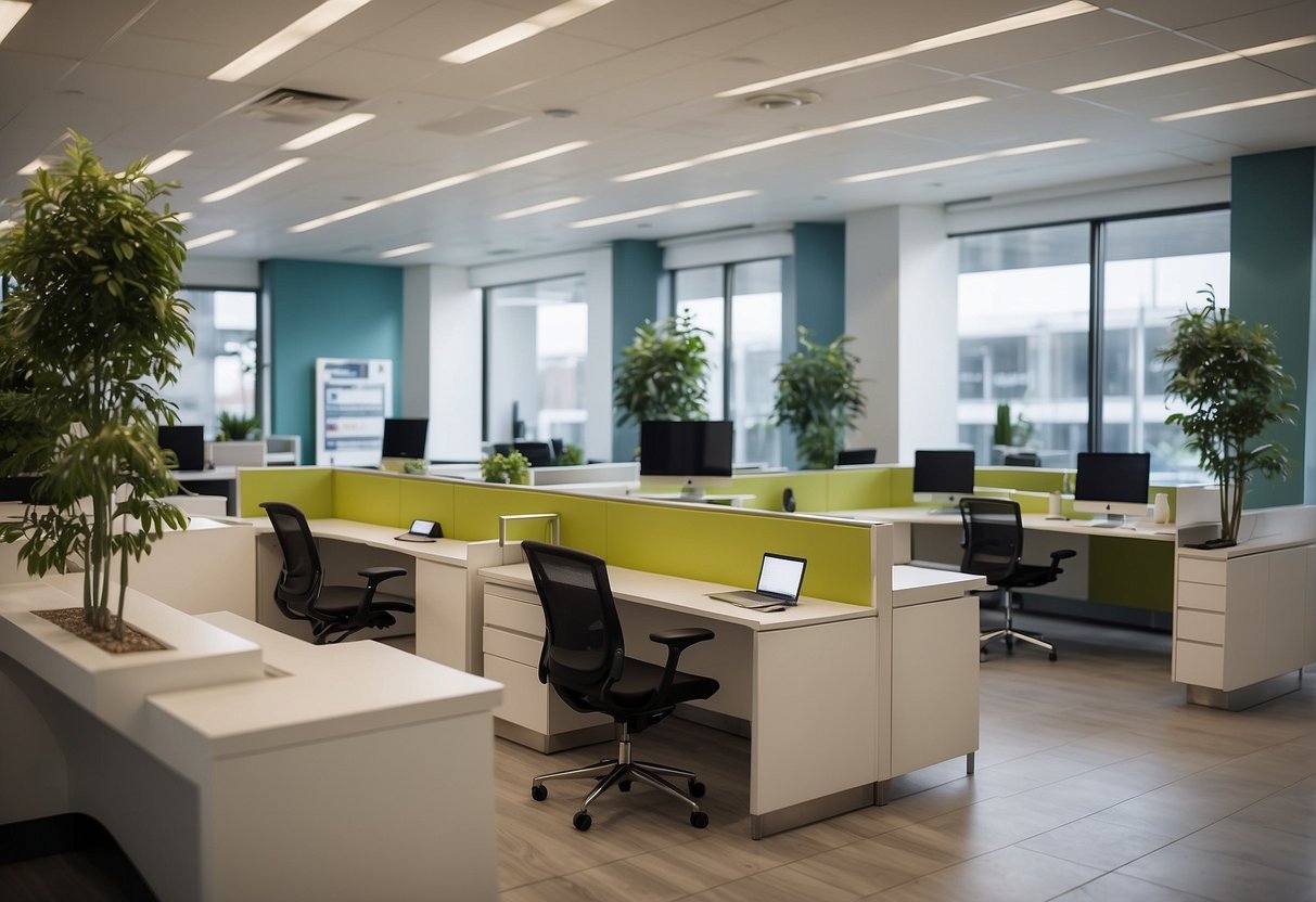 A bright, modern customer care center with sleek furniture and friendly staff. The space is organized and inviting, with a focus on comfort and efficiency