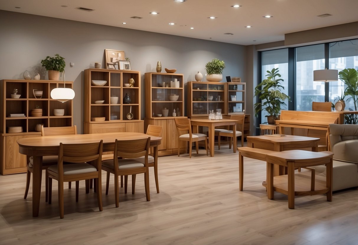 A clean, well-lit room with a variety of wooden furniture pieces arranged in an aesthetically pleasing manner. The furniture includes tables, chairs, shelves, and cabinets, showcasing different designs and finishes