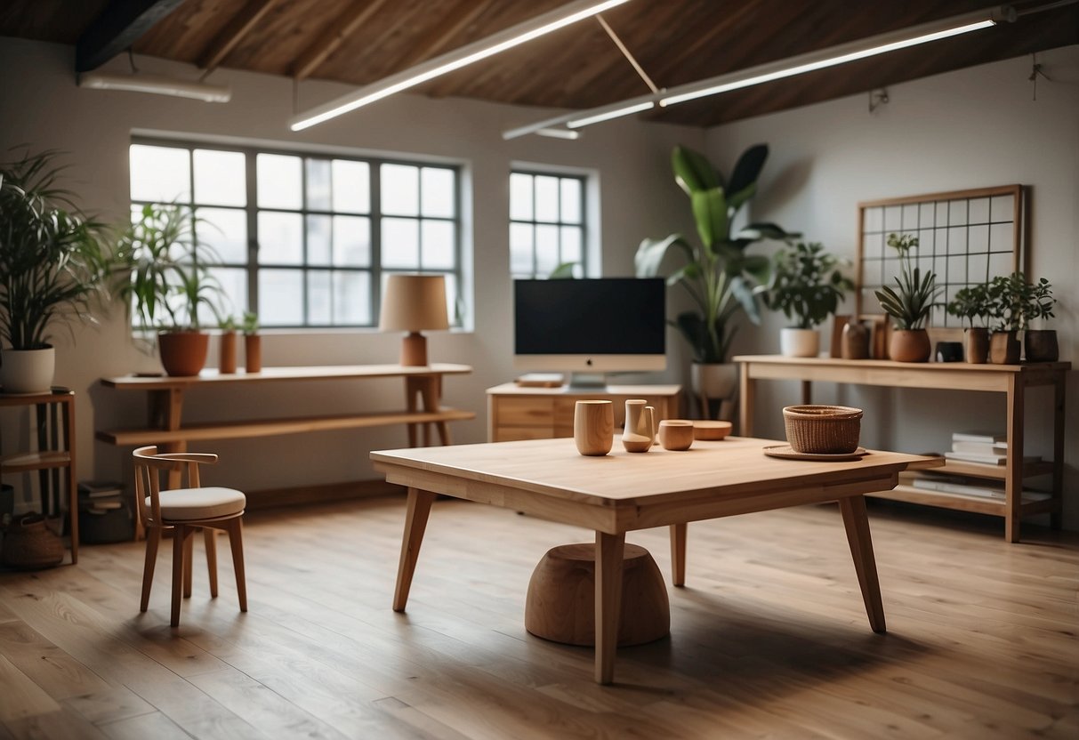 A well-lit studio with various wooden furniture pieces displayed on clean, minimalist platforms. Each item is labeled with its name and dimensions