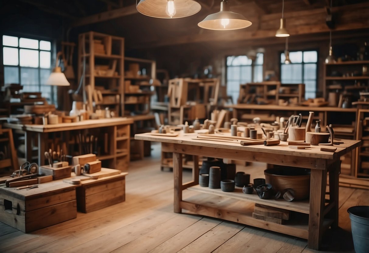 A cozy workshop with tools and materials scattered around, showcasing handmade wooden furniture in various stages of completion