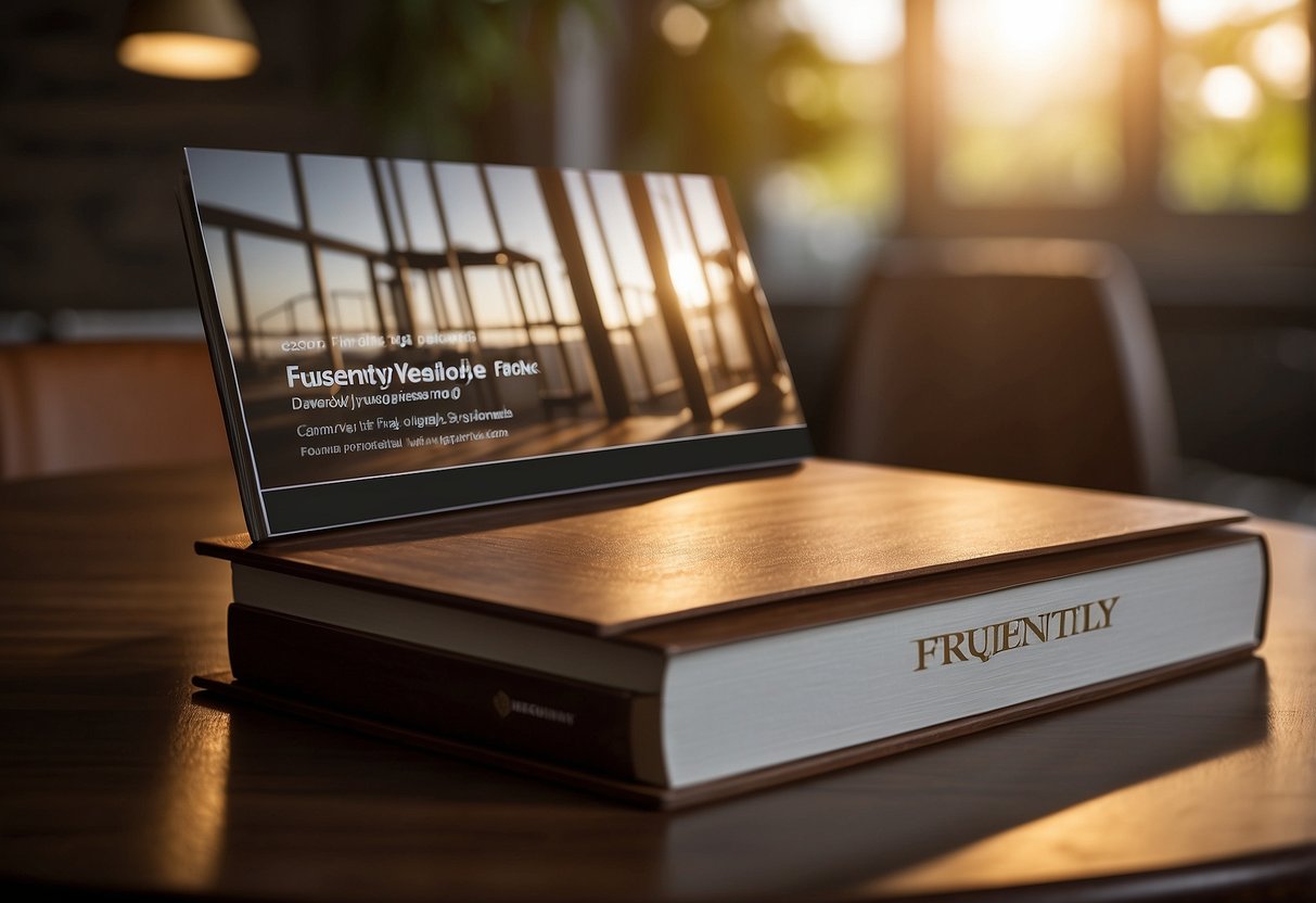 A wooden furniture catalogue open on a clean, modern table, with a spotlight shining on the title "Frequently Asked Questions."