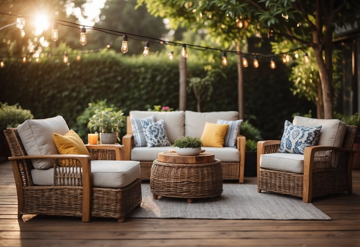 A cozy outdoor setting with wicker furniture adorned with plush, weather-resistant cushions in various colors and patterns