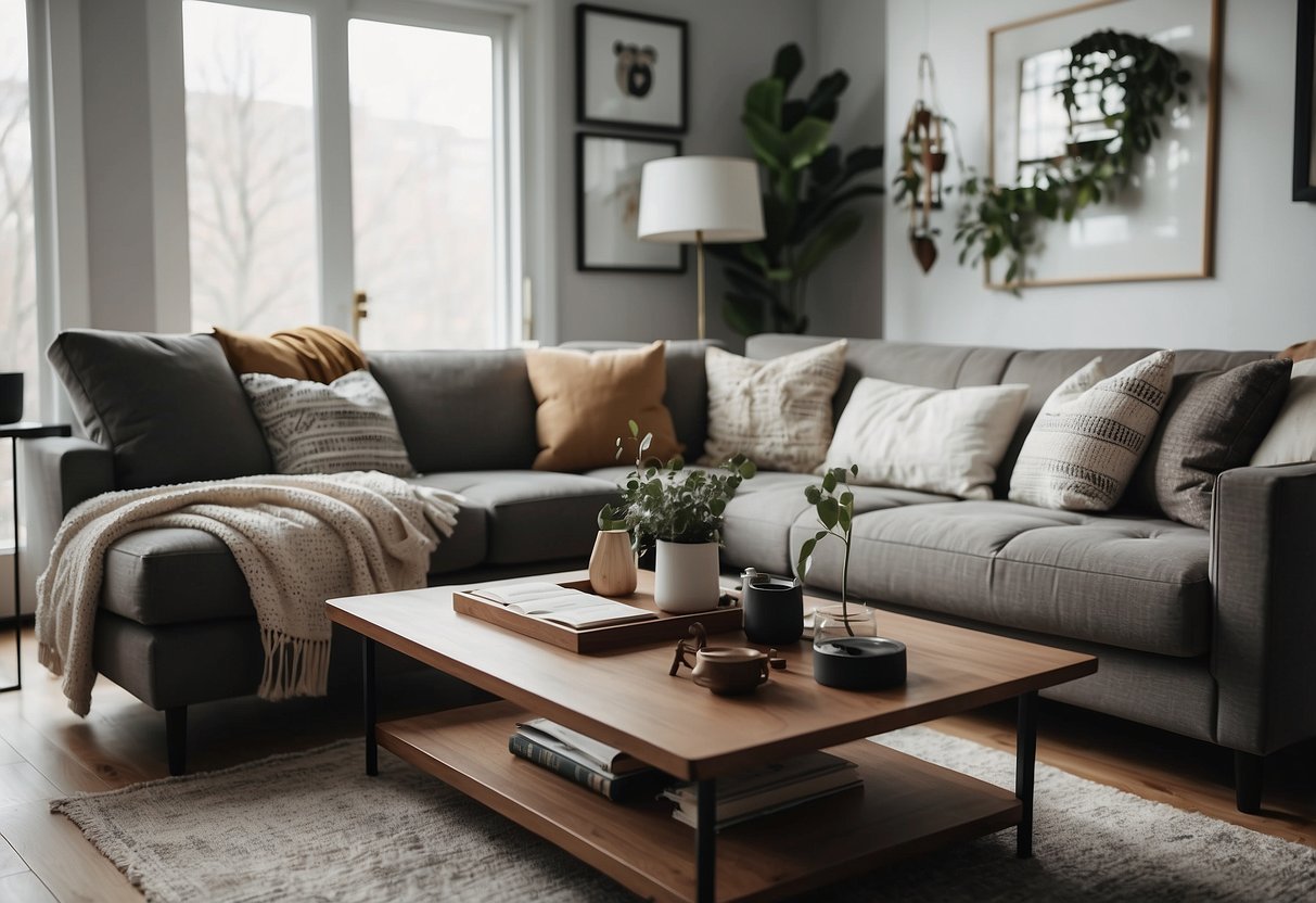 A gray living room with brown furniture, adorned with decorative pillows, a cozy throw blanket, and a sleek coffee table