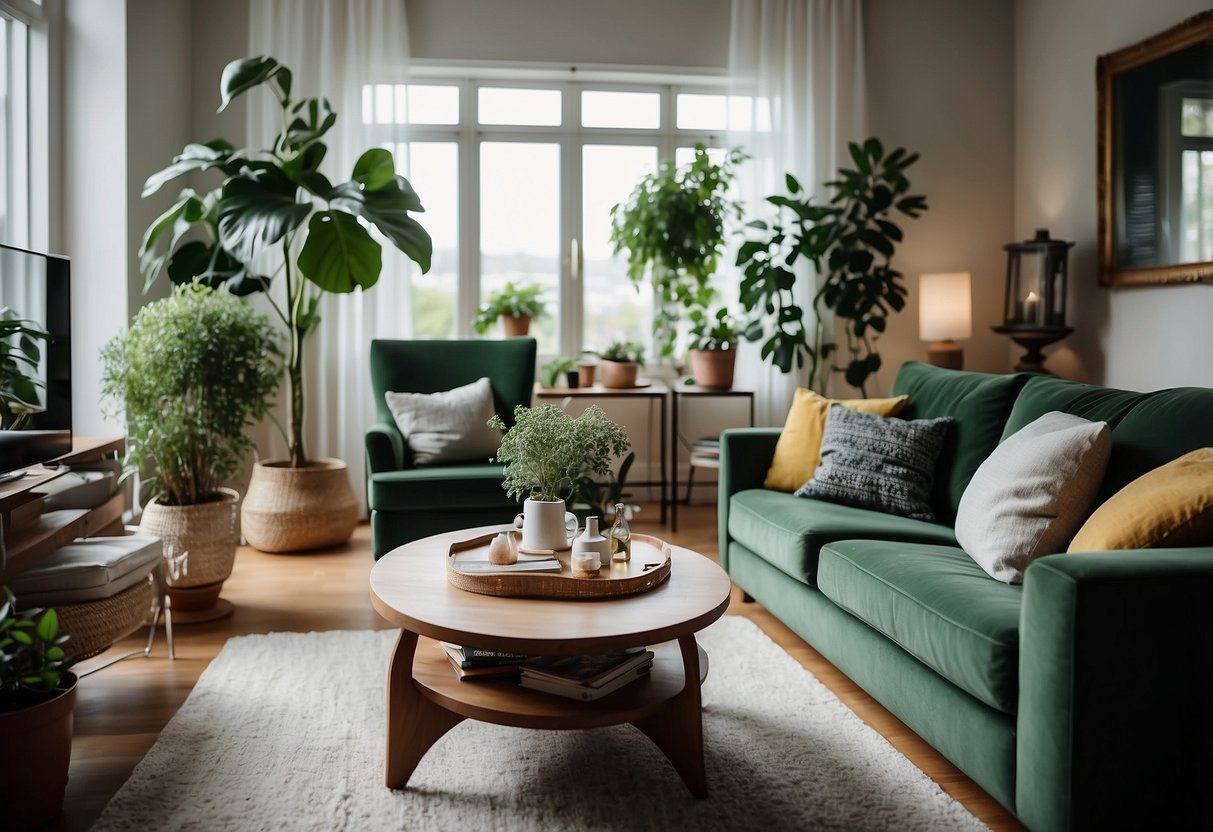 A cozy living room with refurbished furniture, bright lighting, and green plants