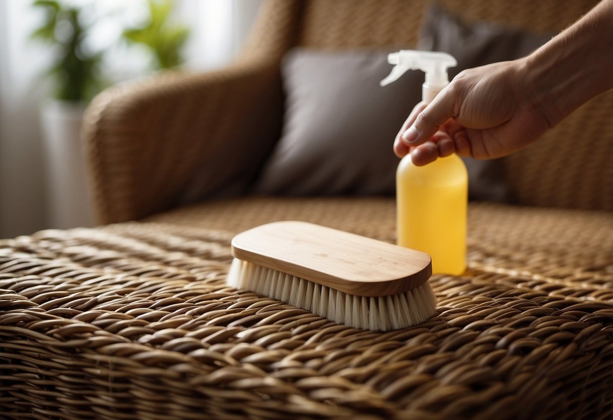 A hand gently brushes a soft-bristled brush over wicker cushions, removing dust and debris. A spray bottle of gentle cleaner sits nearby, ready to be used