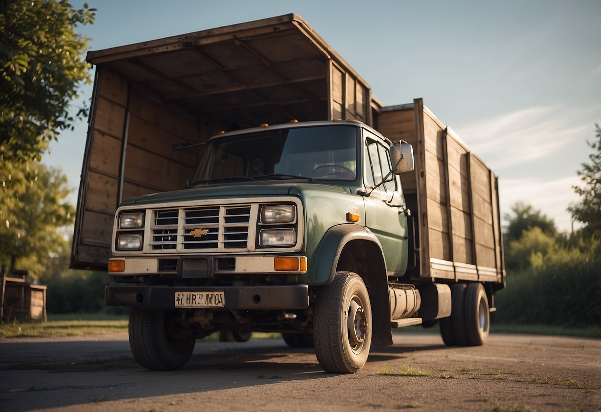 A truck lifts old furniture into its bed for disposal