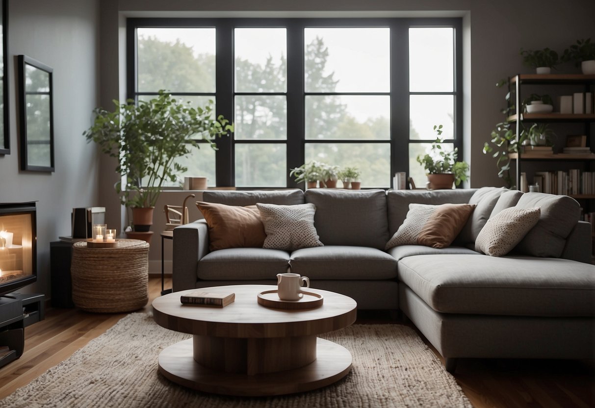 A cozy gray living room with brown furniture and a large window, featuring a comfortable sofa, coffee table, and soft lighting
