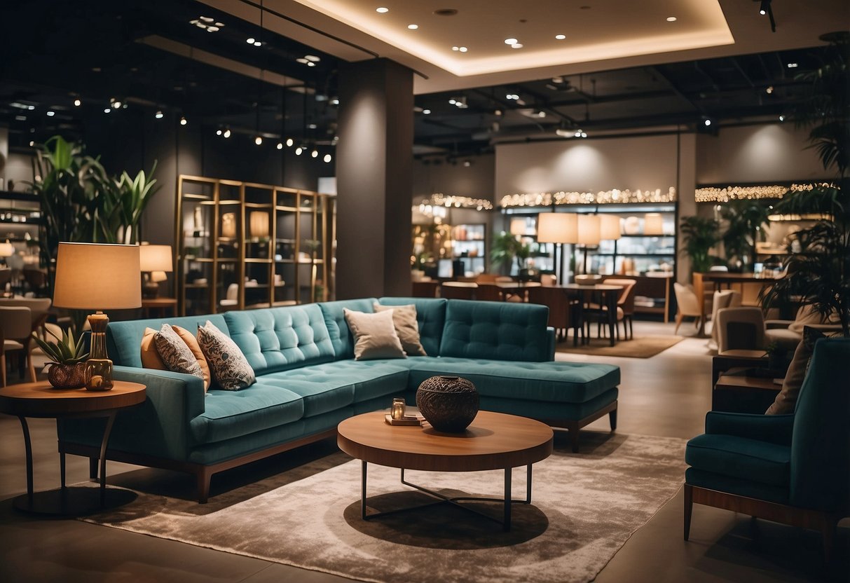 A spacious furniture store in Singapore displays modern and traditional pieces, with bright lighting and an inviting atmosphere
