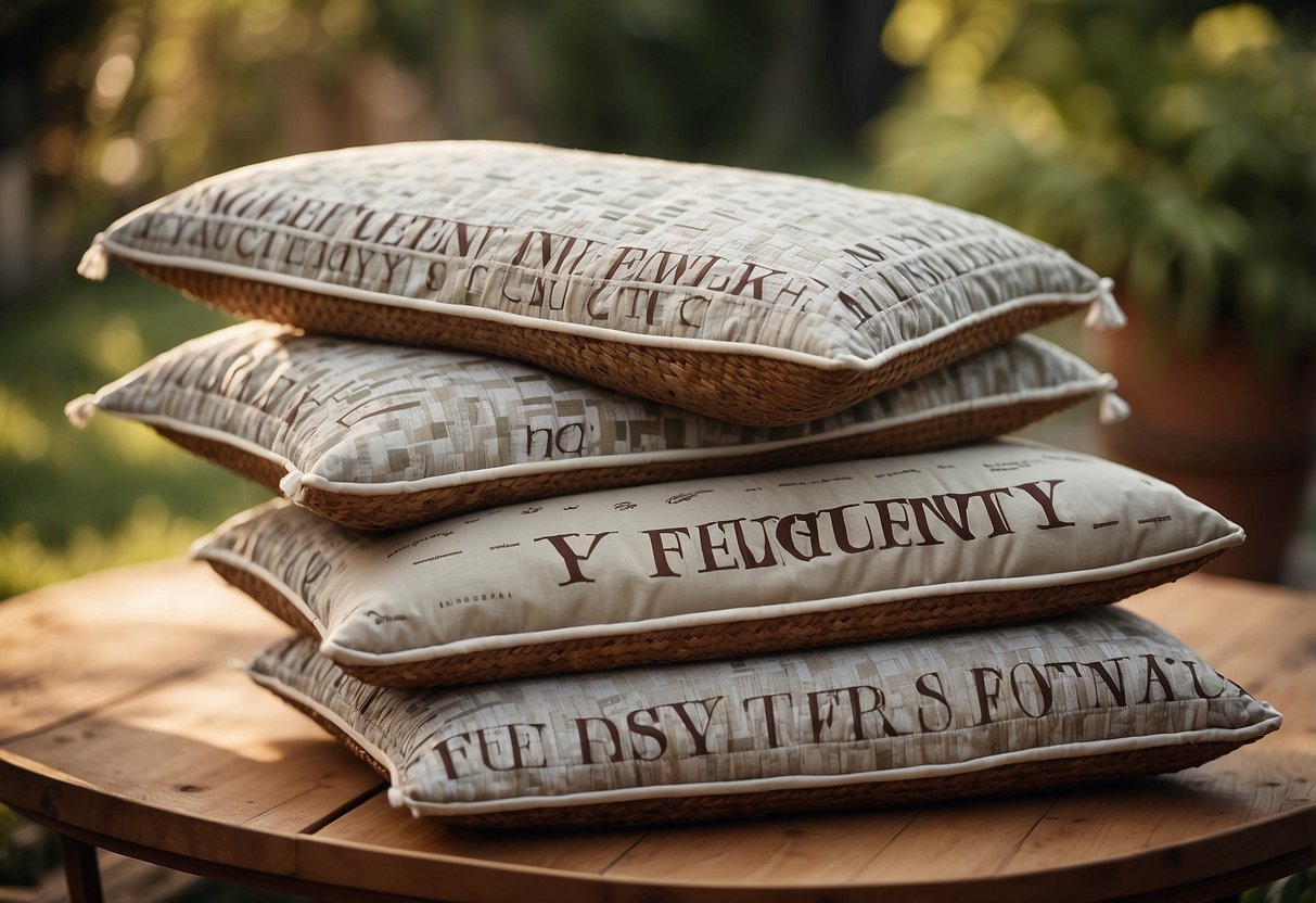 A stack of wicker furniture cushions with "Frequently Asked Questions" printed on them
