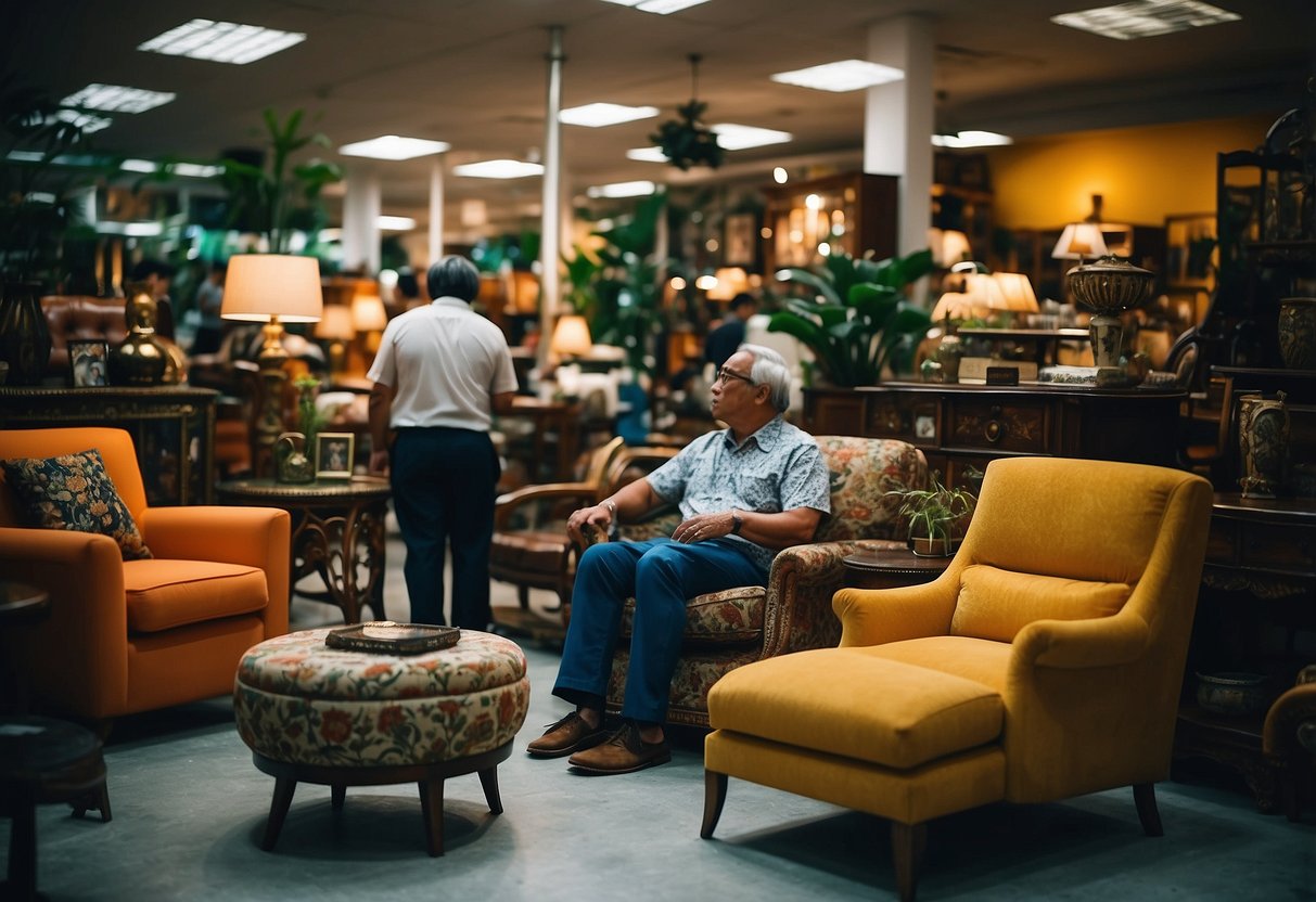 Customers browsing eclectic furniture at a Singapore second-hand store. Rich colors and unique designs catch their eye