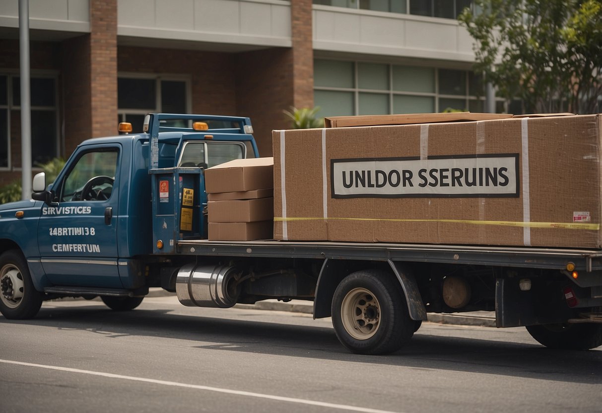 A truck pulls up to a curb, workers unload old furniture. A sign reads "Understanding Furniture Disposal Services."