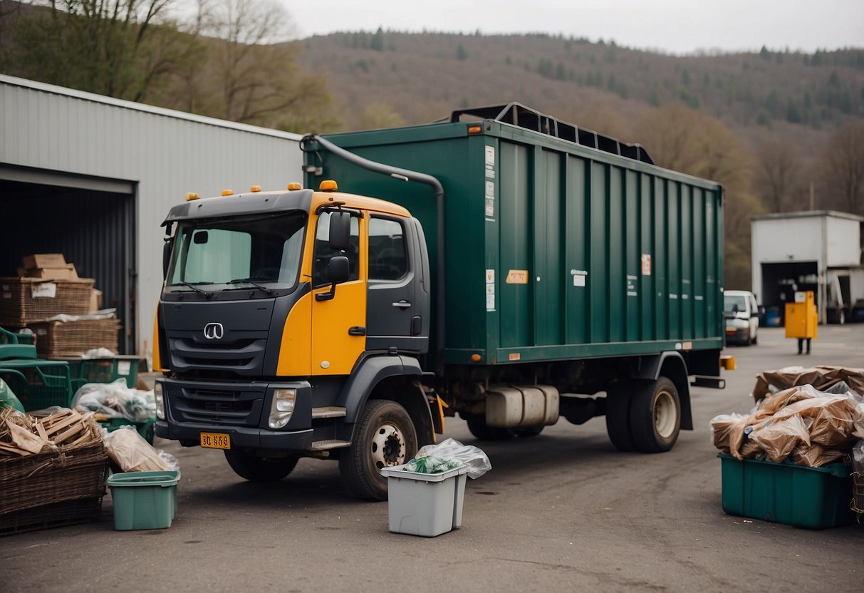 A truck loaded with old furniture pulls up to a recycling center. Workers unload and sort the items for disposal