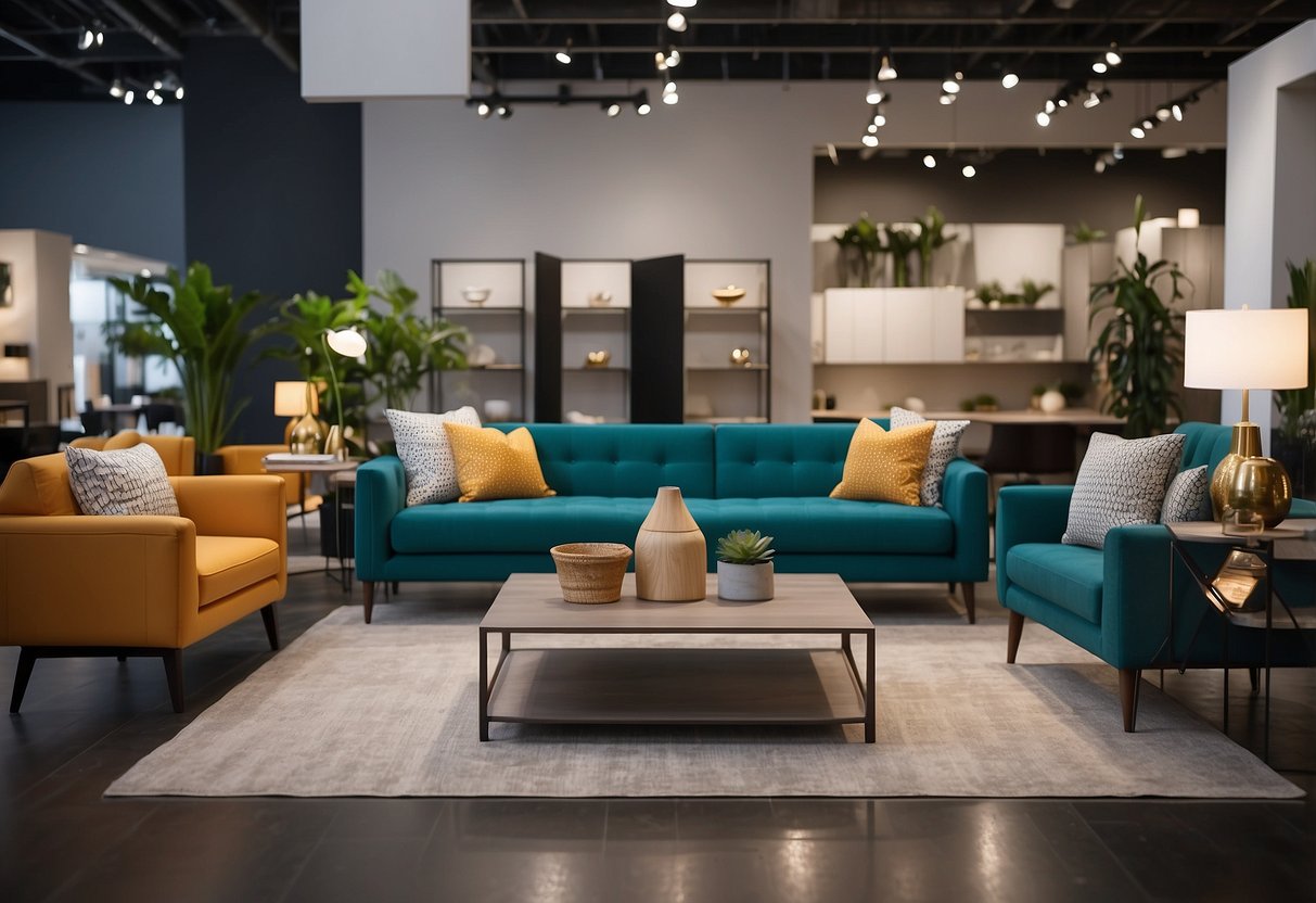 Customers browse modern furniture in a spacious showroom with sleek designs and vibrant colors. A salesperson assists a couple testing out a comfortable sofa