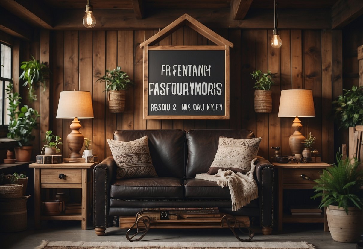 A display of intricately designed handmade furniture with a sign reading "Frequently Asked Questions" in a cozy workshop setting