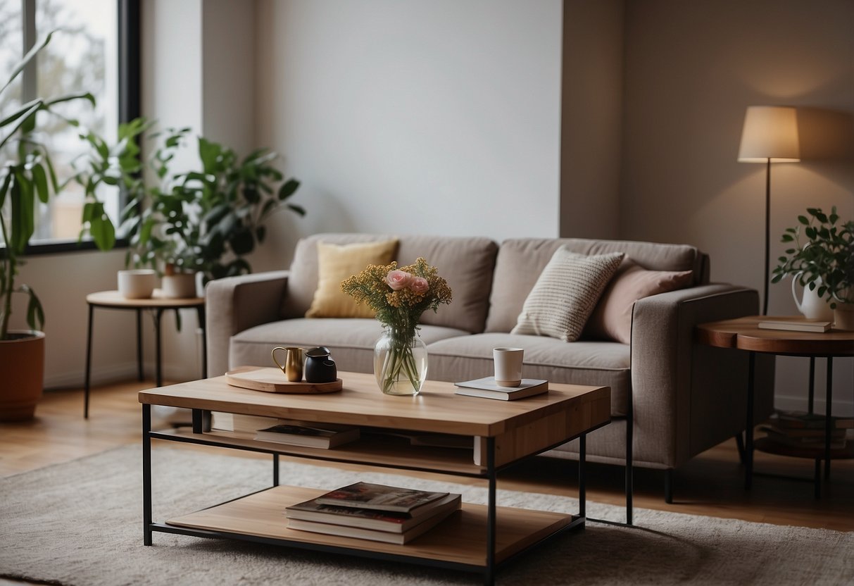A cozy living room with modern furniture, warm lighting, and plants. A bookshelf filled with books and decorative items. A comfortable sofa and a coffee table with a vase of flowers