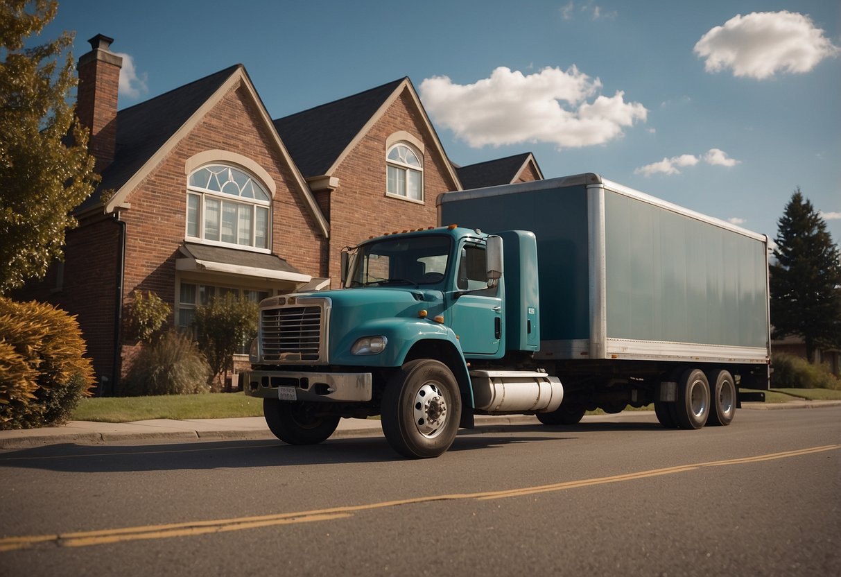 A truck pulls up to a house, workers carry out old furniture and load it into the truck. An FAQ pamphlet is prominently displayed on the side of the truck