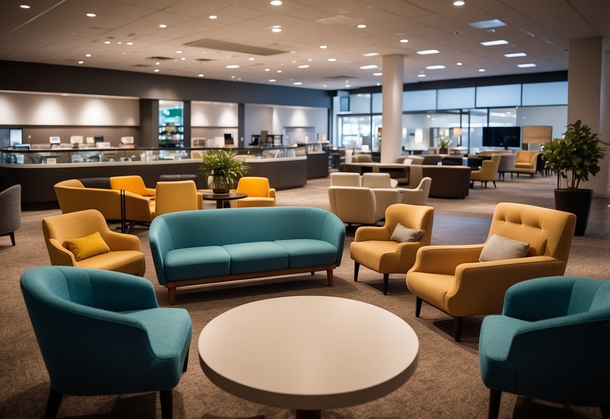 A brightly lit furniture showroom with rows of neatly arranged chairs, sofas, and tables. A sign prominently displays "Frequently Asked Questions" above a helpful customer service desk