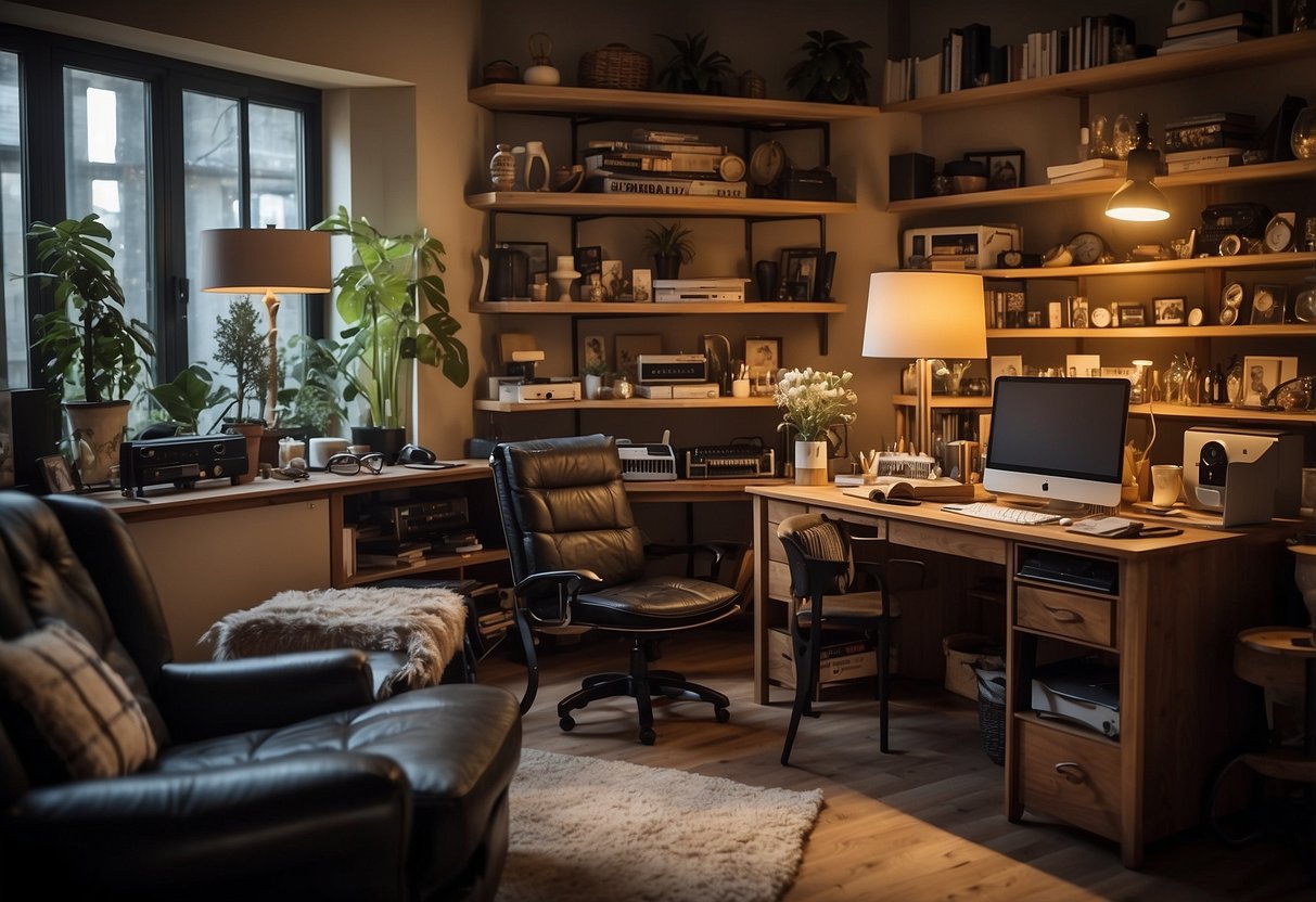 A room with 42 pieces of furniture arranged in a cluttered yet cozy manner, with various items such as chairs, tables, shelves, and lamps filling the space