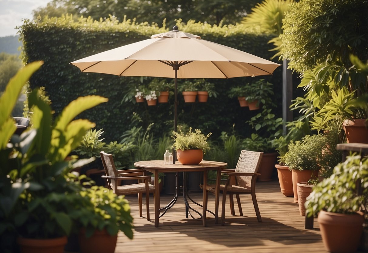 A patio set with a table, chairs, and a sun umbrella on a wooden deck surrounded by lush greenery and potted plants