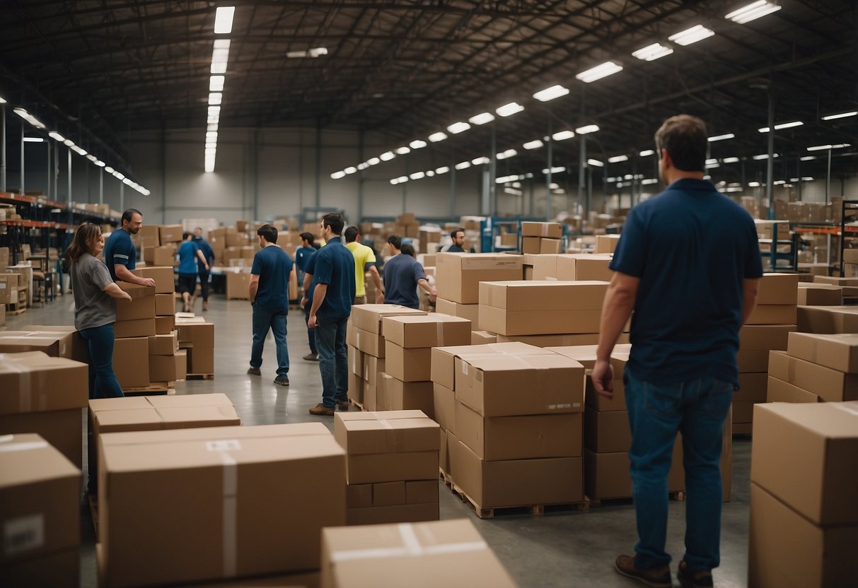 A bustling warehouse filled with towering shelves of flat-packed furniture, busy workers loading and unloading trucks, and customers browsing through endless aisles of modern home furnishings