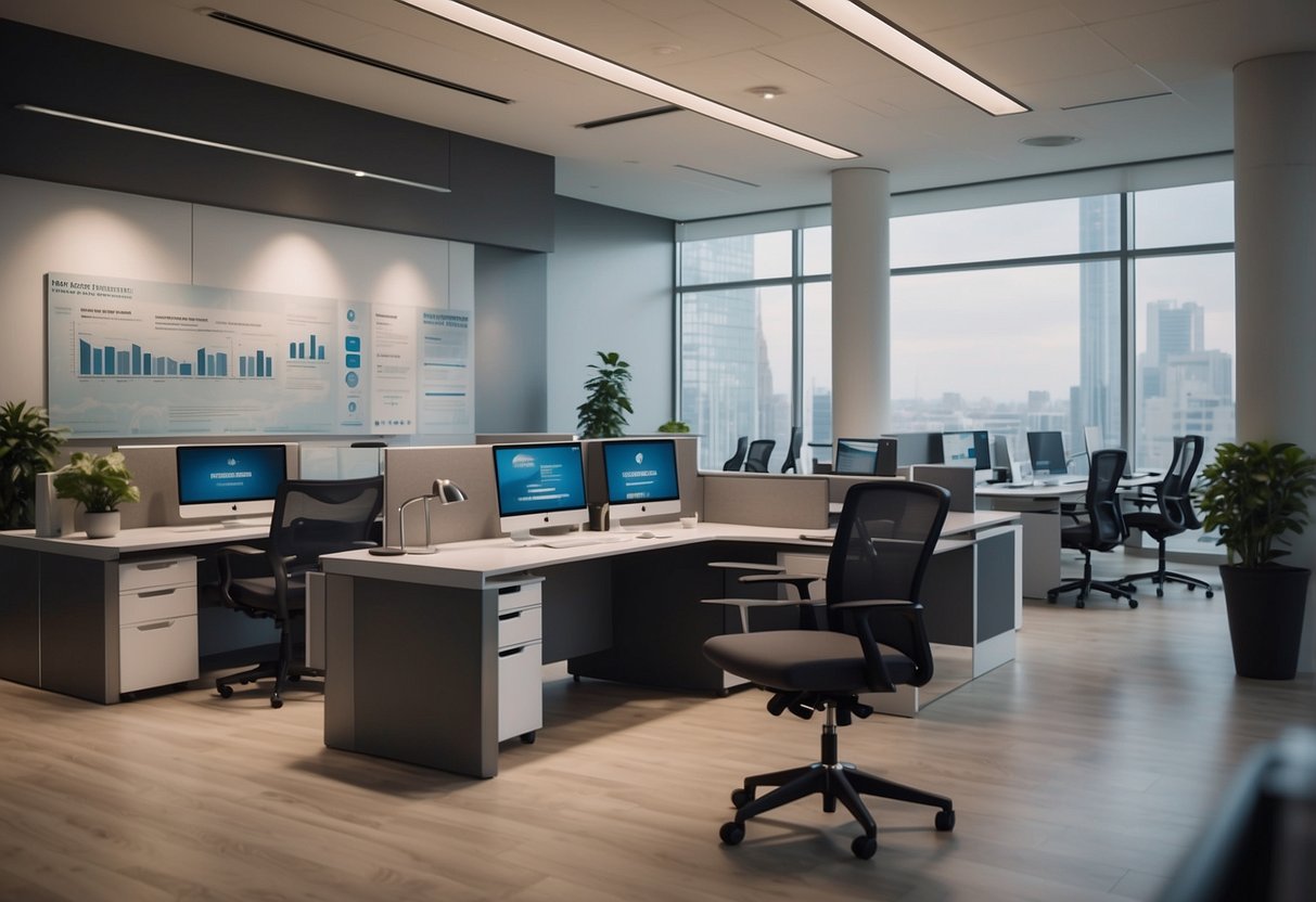 A bustling corporate office with modern furniture and a timeline of the company's history displayed on the walls