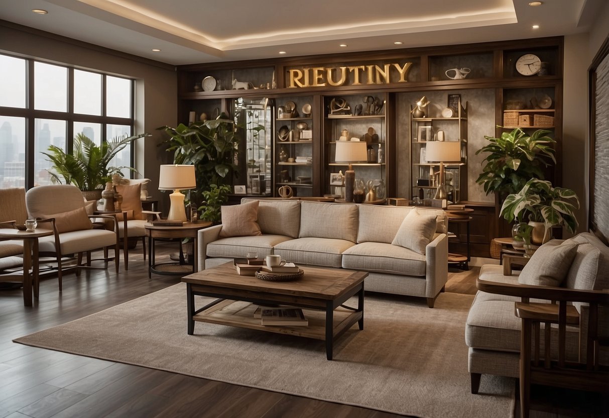 A room filled with various furniture pieces, arranged neatly with a sign reading "Frequently Asked Questions 42" displayed prominently