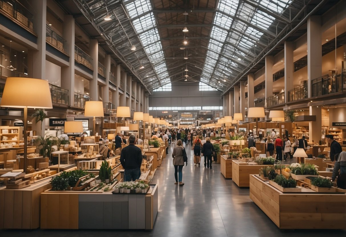 A bustling market with towering furniture displays, busy shoppers, and efficient staff managing operations at the world's largest furniture retailer