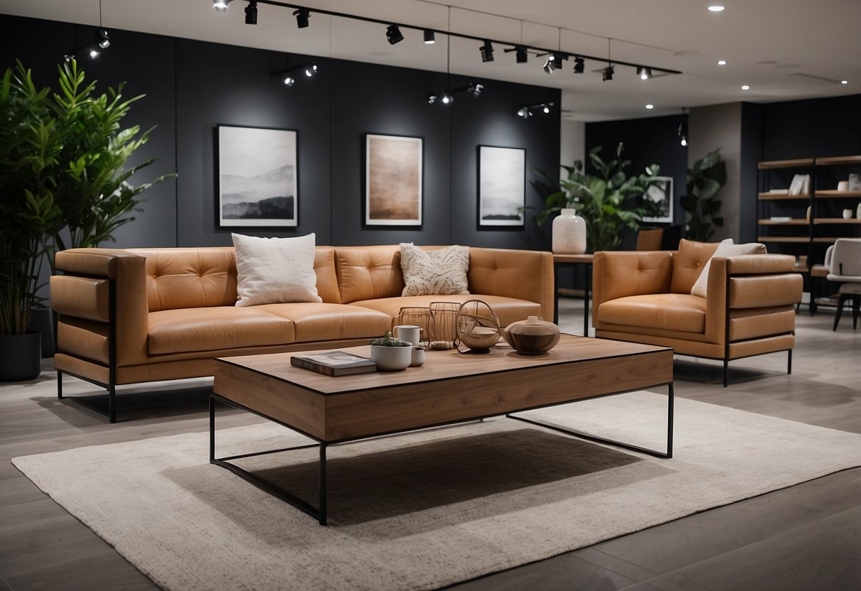 A modern, minimalist furniture showroom with sleek designs and clean lines. Various pieces are displayed with labels and pricing information